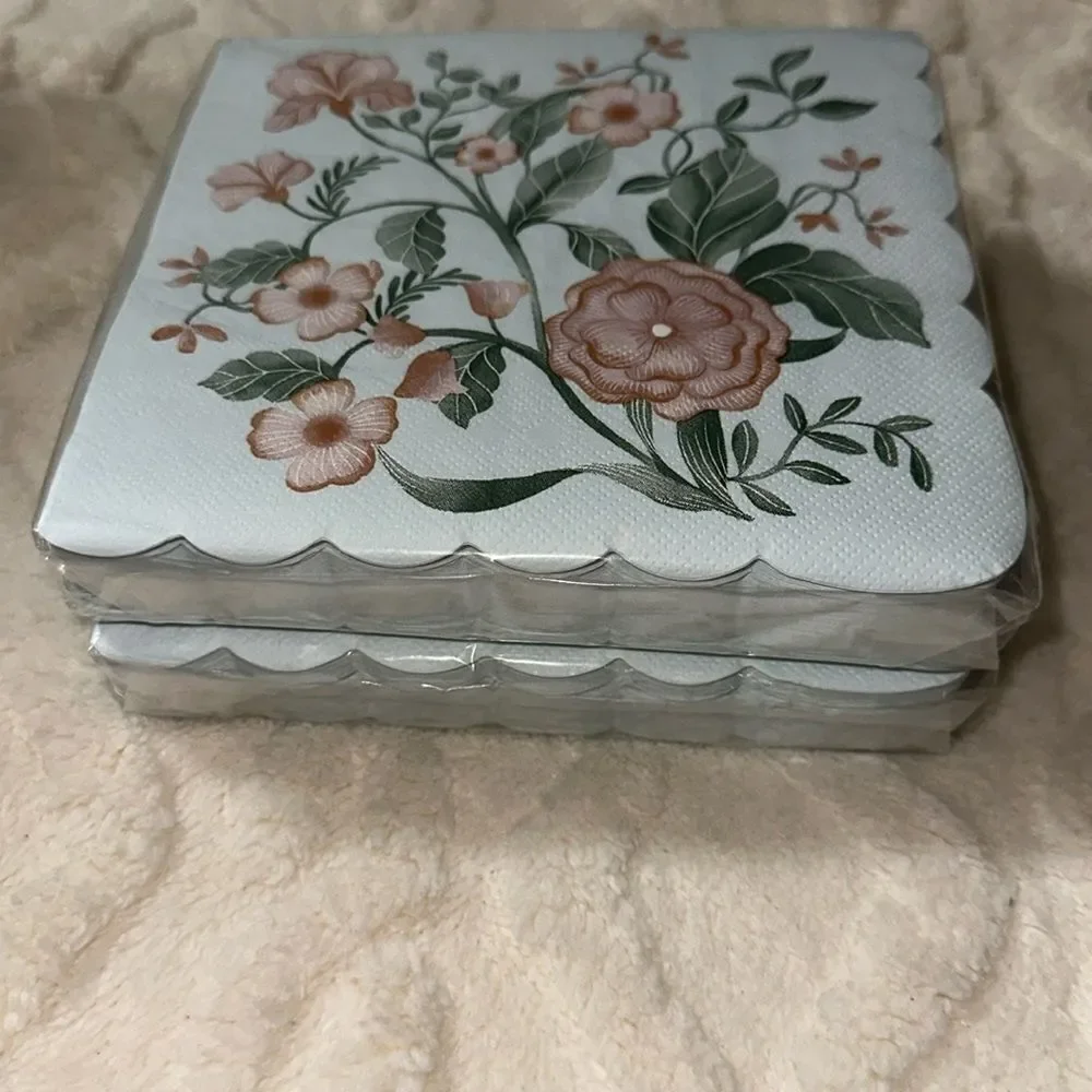 OCS Pastel Blue Coral Green Floral Scalloped Square Lunch Napkins 40 pk x 2